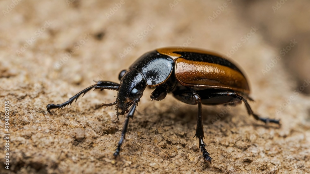 Close-up of a black and brown beetle on textured soil, showcasing its intricate features and shiny exoskeleton. Close-up of a black and brown beetle on textured soil, showcasing its intricate features and shiny exoskeleton.
