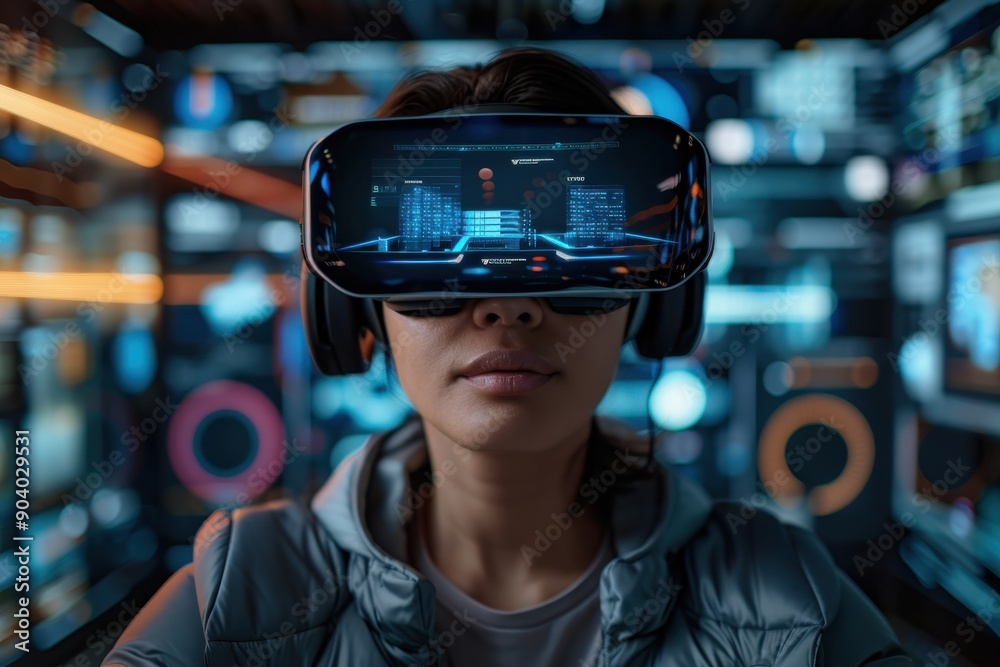 A person wearing a VR headset interacts with a dynamic virtual environment filled with information panels, emphasizing the integration of technology and human engagement. A person wearing a VR headset interacts with a dynamic virtual environment filled with information panels, emphasizing the integration of technology and human engagement.