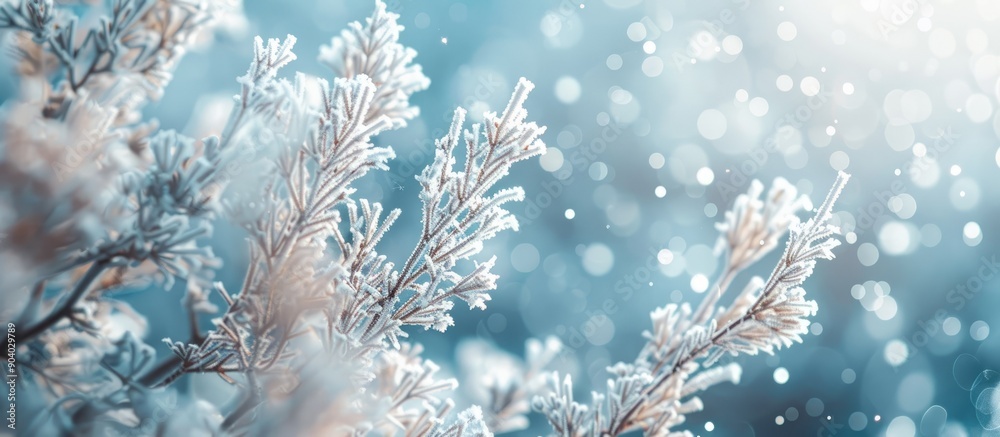 Frost covered branches on a cold day with snowflakes Capture the serene beauty with a stunning copy space image Frost covered branches on a cold day with snowflakes Capture the serene beauty with a stunning copy space image