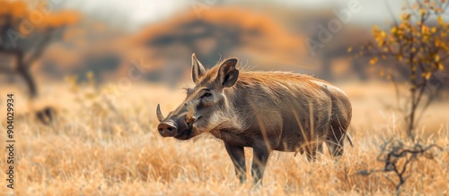 A Wild warthog Phacochoerus africanus strolling through the savanna in a photo with copy space image