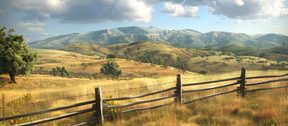 Rural landscape with a farm fence on a breezy hilltop set against a rugged hill background in a picturesque scene with copy space image available