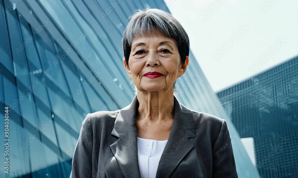 portrait of a confident Japanese woman in her 50s wearing a sleek suit against a modern architectural background