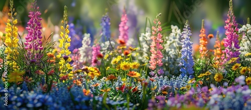 Flowers in a summer garden bloom with vibrant colors and create a picturesque scene perfect for a copy space image