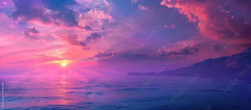 Twilight on a summer evening with a colorful sunset sky casting a beautiful array of blue purple pink and orange hues over the sea horizon in a picturesque landscape perfect as a copy space image Twilight on a summer evening with a colorful sunset sky casting a beautiful array of blue purple pink and orange hues over the sea horizon in a picturesque landscape perfect as a copy space image