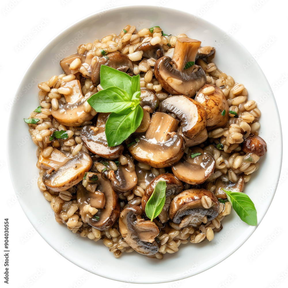 A delicious plate of mushroom risotto garnished with fresh basil, showcasing a savory blend of mushrooms and creamy rice. A delicious plate of mushroom risotto garnished with fresh basil, showcasing a savory blend of mushrooms and creamy rice.