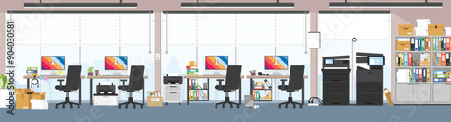Office working place background, Empty business coworking area with no people, Busy office interior, Skyscraper office with city view, Office interior horizontal background.