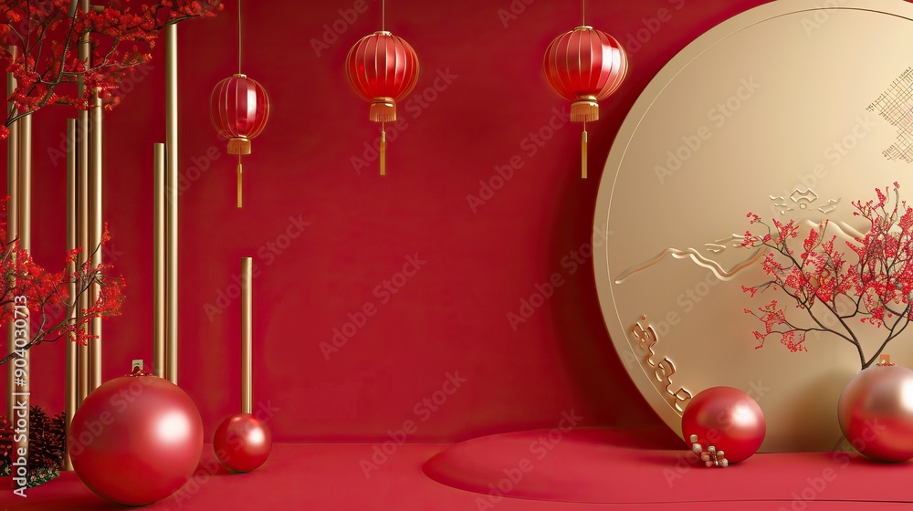 Festive background Happy New Year in Asian style. Happy Chinese New Year banner background template. Decoration with traditional festival lanterns on a red background. Festive background Happy New Year in Asian style. Happy Chinese New Year banner background template. Decoration with traditional festival lanterns on a red background.