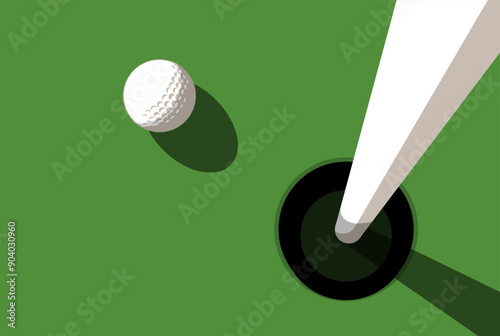 Golf ball on golf course near hole with flagstick, view from above, close up, vector