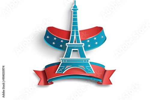 3D logo of the Eiffel Tower inside a ribbon made from red and blue, sticker, white space around the graphic for text, post textile design template in the style of white color palette, sticker art 