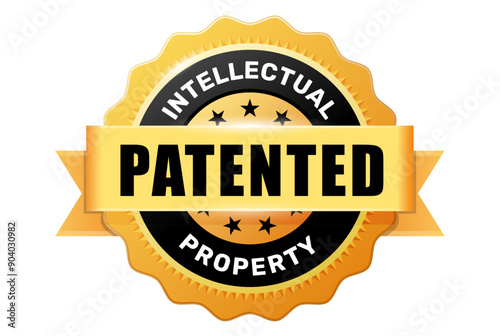 Patented, gold medal or badge, intellectual property and rights holder emblem or seal, vector