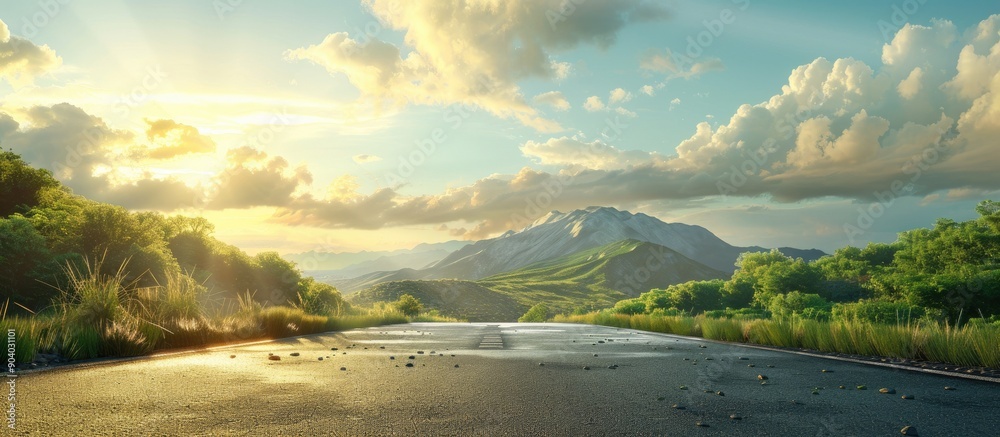 Sunrise illuminating a scenic natural landscape featuring an asphalt road square a verdant mountain and sky with clouds creating a picturesque copy space image