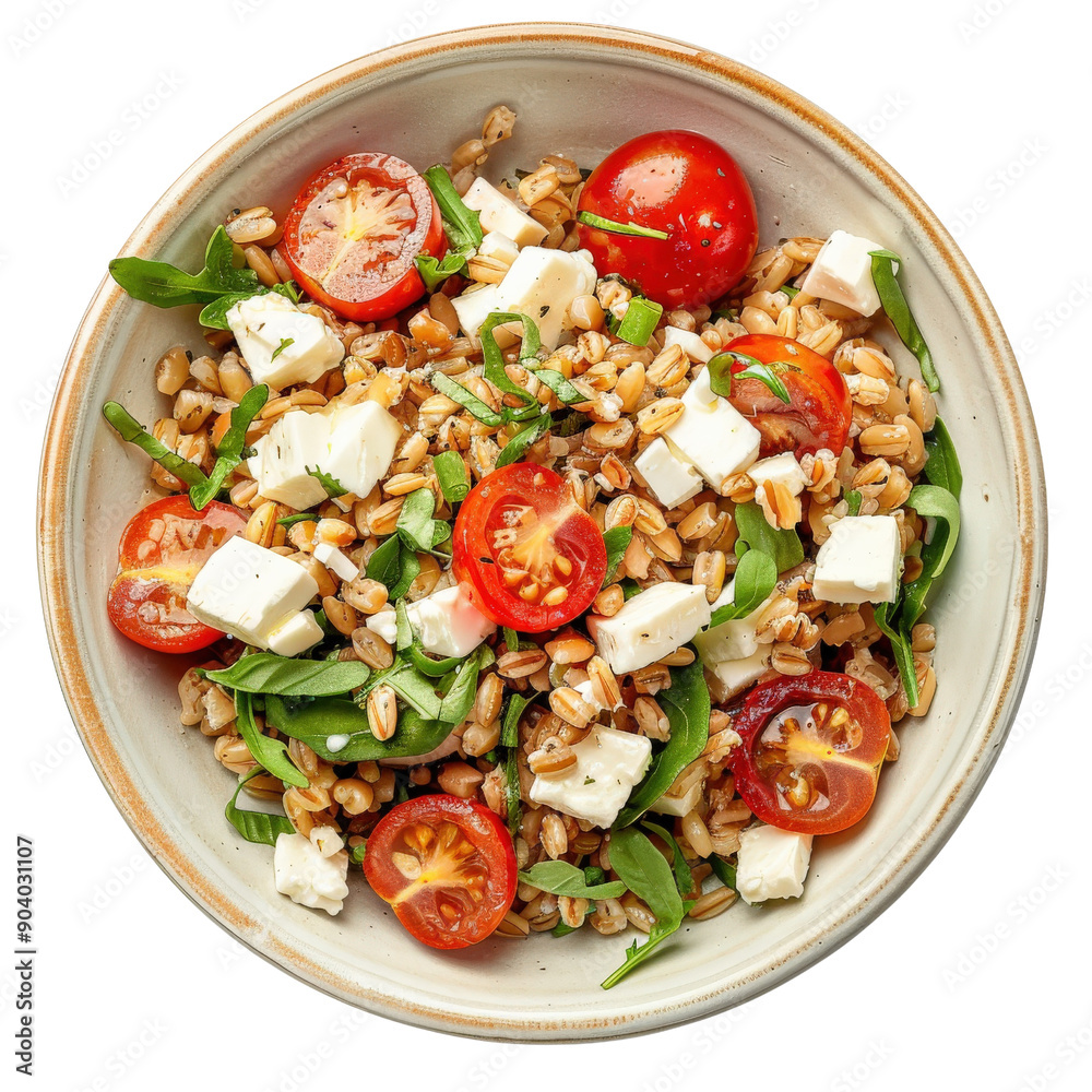 Fresh and healthy grain salad with cherry tomatoes, arugula, and feta cheese, served in a bowl, perfect for a nutritious lunch or dinner. Fresh and healthy grain salad with cherry tomatoes, arugula, and feta cheese, served in a bowl, perfect for a nutritious lunch or dinner.