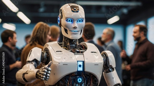 Wallpaper Mural A futuristic humanoid robot with blue eyes stands in a lively crowd, showcasing advanced technology and human-like features. Torontodigital.ca