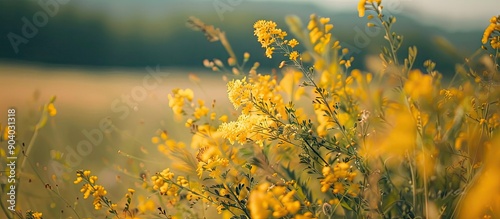 Fototapeta Naklejka Na Ścianę i Meble -  Beautiful yellow country flowers and bushes in a summer macro photo with copy space image