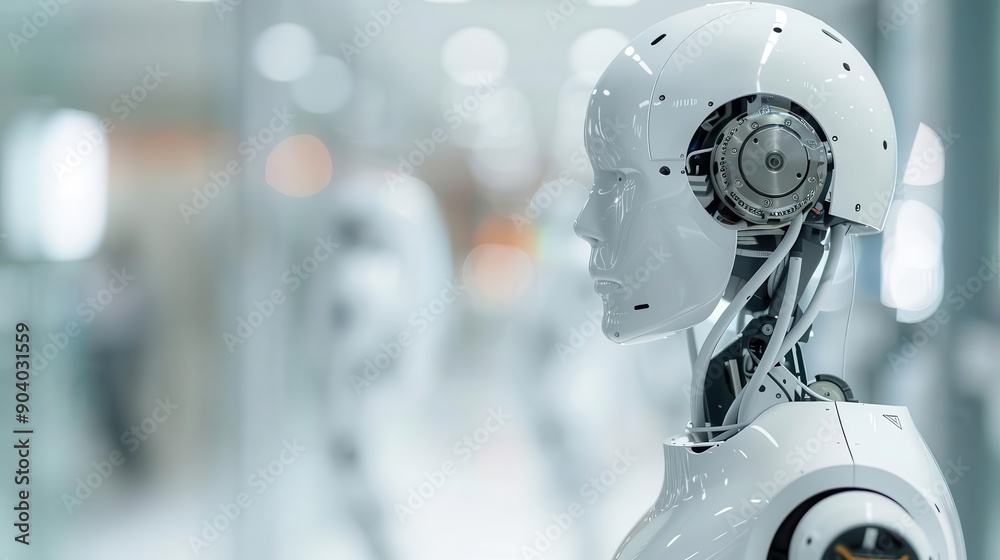 Side view of humanoid robot in futuristic lab. Artificial intelligence and robotics technologies concept. Side view of humanoid robot in futuristic lab. Artificial intelligence and robotics technologies concept.