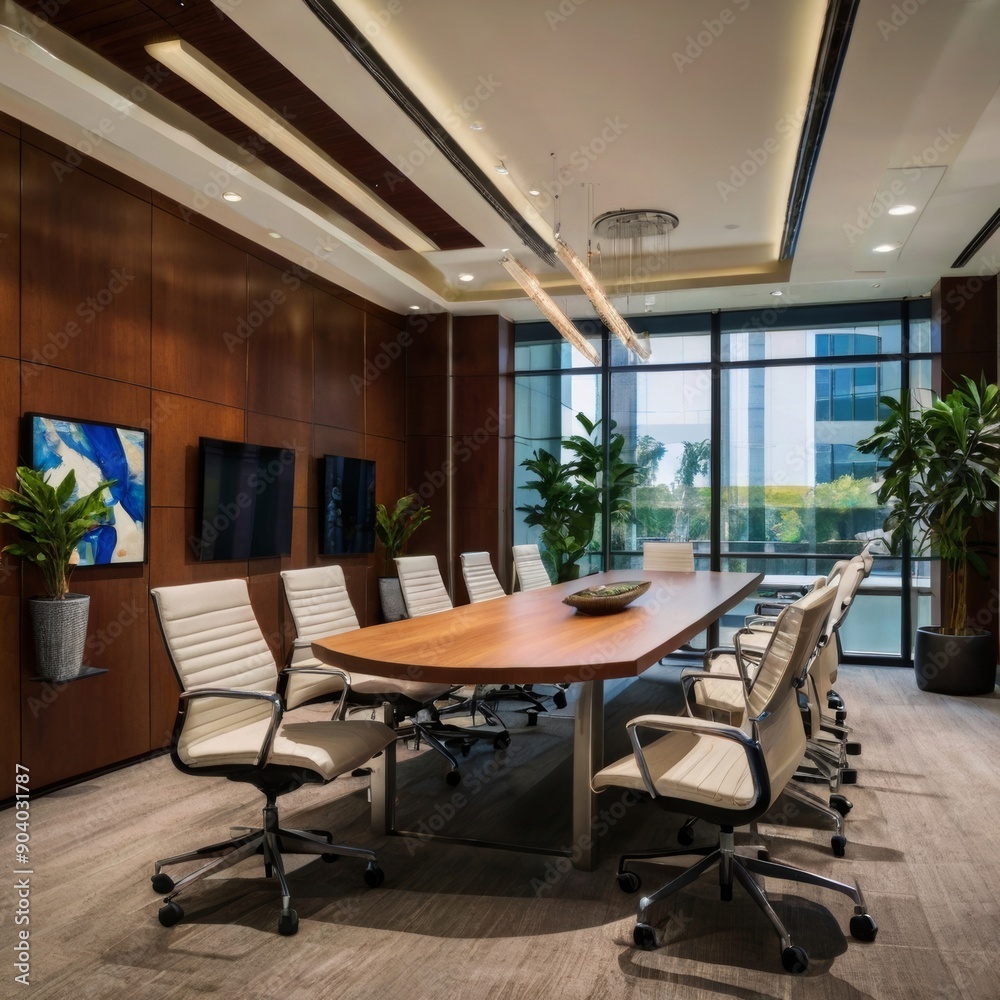 Modern conference room featuring a large wooden table and ergonomic chairs, illuminated by soft lighting and greenery accents. Modern conference room featuring a large wooden table and ergonomic chairs, illuminated by soft lighting and greenery accents.