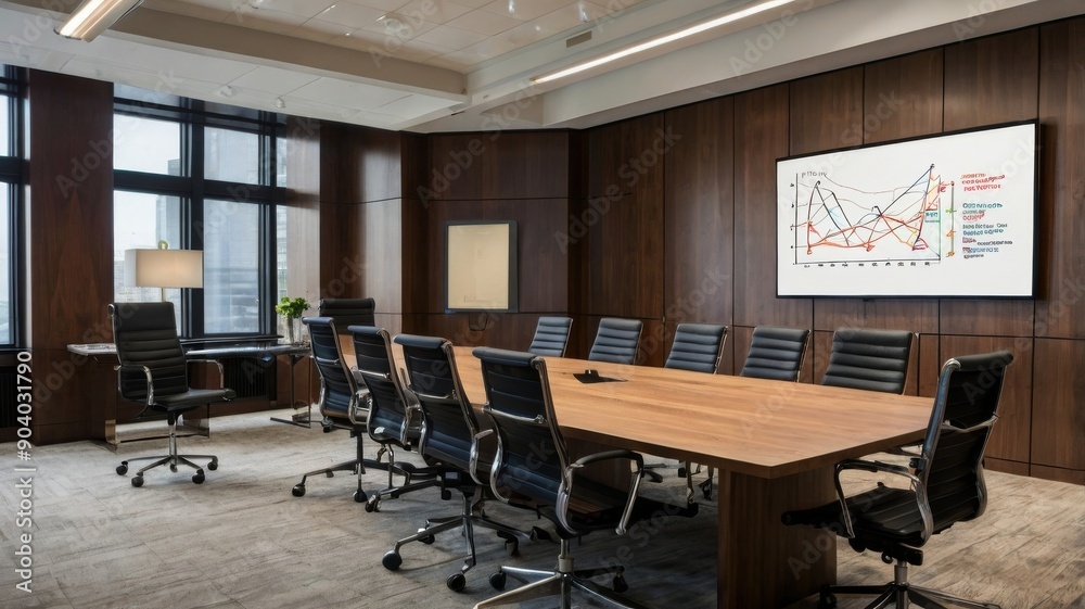 Modern boardroom featuring a sleek conference table and high-backed chairs, designed for professional meetings. Modern boardroom featuring a sleek conference table and high-backed chairs, designed for professional meetings.