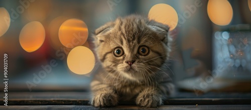 Scottish Fold kitten with fluffy fur similar to a munchkin cat shown in a photo with copy space image
