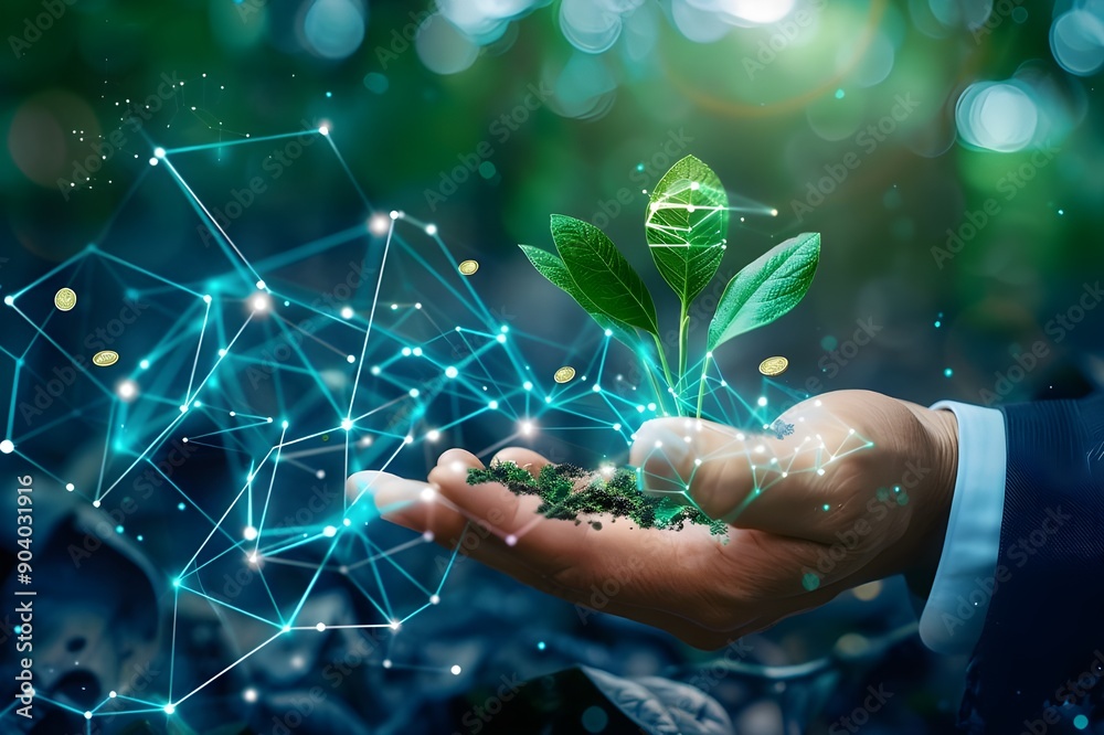 Growth and Technology: A Hand Holding a Sprout with a Network of Lines in the Background Growth and Technology: A Hand Holding a Sprout with a Network of Lines in the Background
