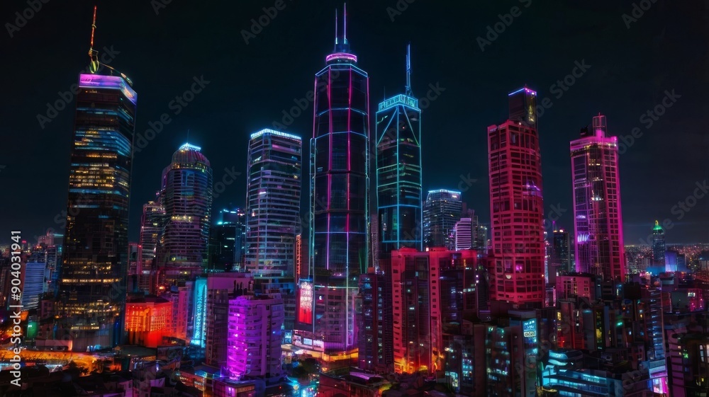 Obraz premium Vibrant night skyline showcasing modern skyscrapers illuminated in neon colors.