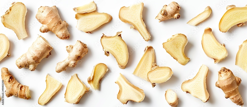 Chopped ginger root pieces set against a white backdrop with a clipping path for the copy space image Chopped ginger root pieces set against a white backdrop with a clipping path for the copy space image