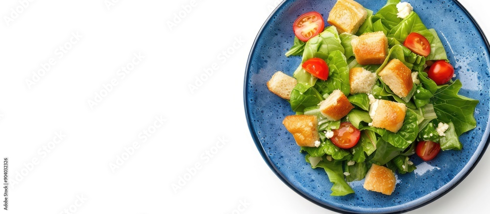Caesar salad on a blue plate set against a white backdrop perfect for a copy space image Caesar salad on a blue plate set against a white backdrop perfect for a copy space image