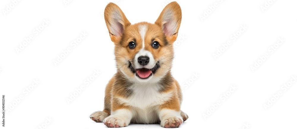 14 week old Welsh Corgi puppy looking cheerful winking panting and sitting alone on a white background with copy space image 14 week old Welsh Corgi puppy looking cheerful winking panting and sitting alone on a white background with copy space image