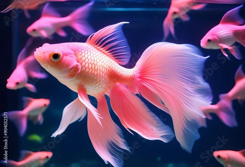 A pink goldfish with flowing fins and tail swimming in a futuristic