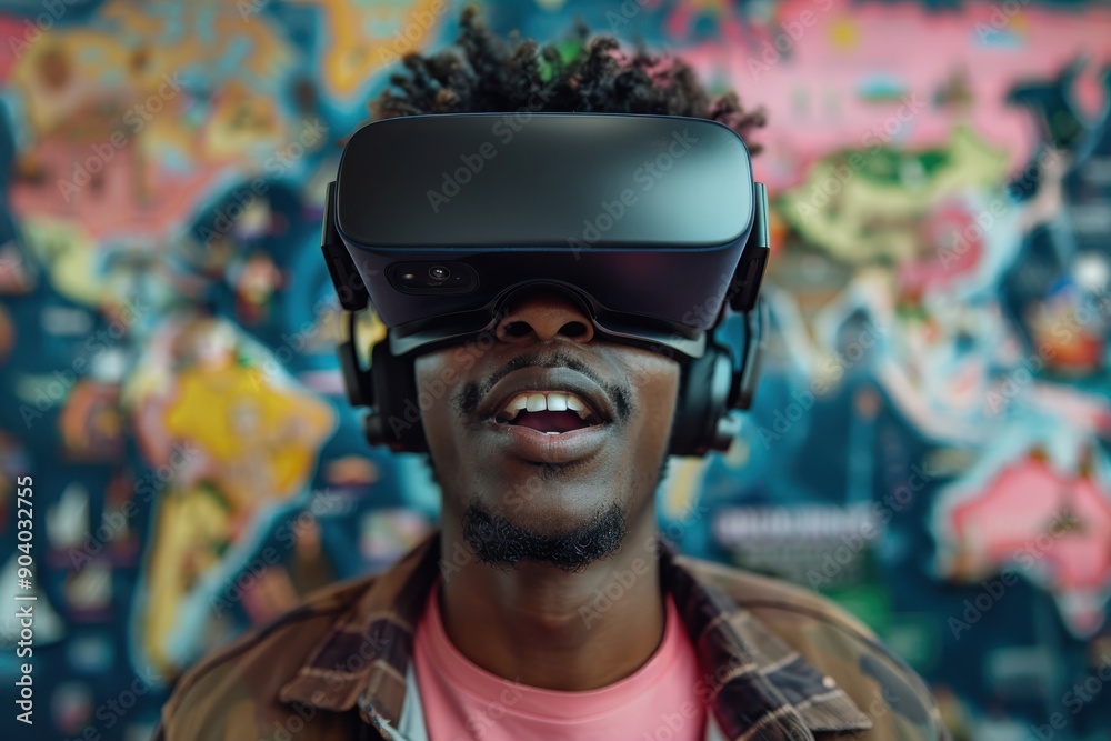 The image depicts an individual in an indoor setting, immersed in a virtual experience using a VR headset, with a vibrant world map as the backdrop, symbolizing exploration. The image depicts an individual in an indoor setting, immersed in a virtual experience using a VR headset, with a vibrant world map as the backdrop, symbolizing exploration.