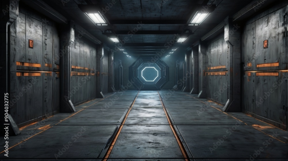 A futuristic corridor with metallic walls, dim lighting, and an illuminated portal at the end, evoking a sense of mystery and anticipation. A futuristic corridor with metallic walls, dim lighting, and an illuminated portal at the end, evoking a sense of mystery and anticipation.