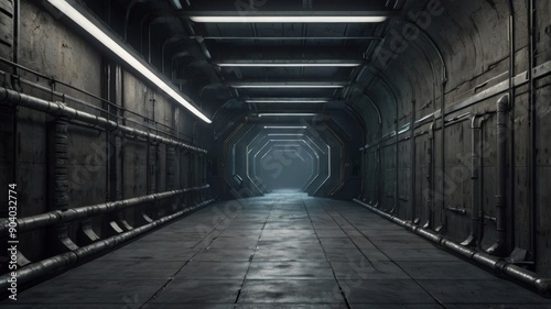 A dimly lit futuristic corridor with metallic walls and glowing strip lights, creating a mysterious and industrial atmosphere.
