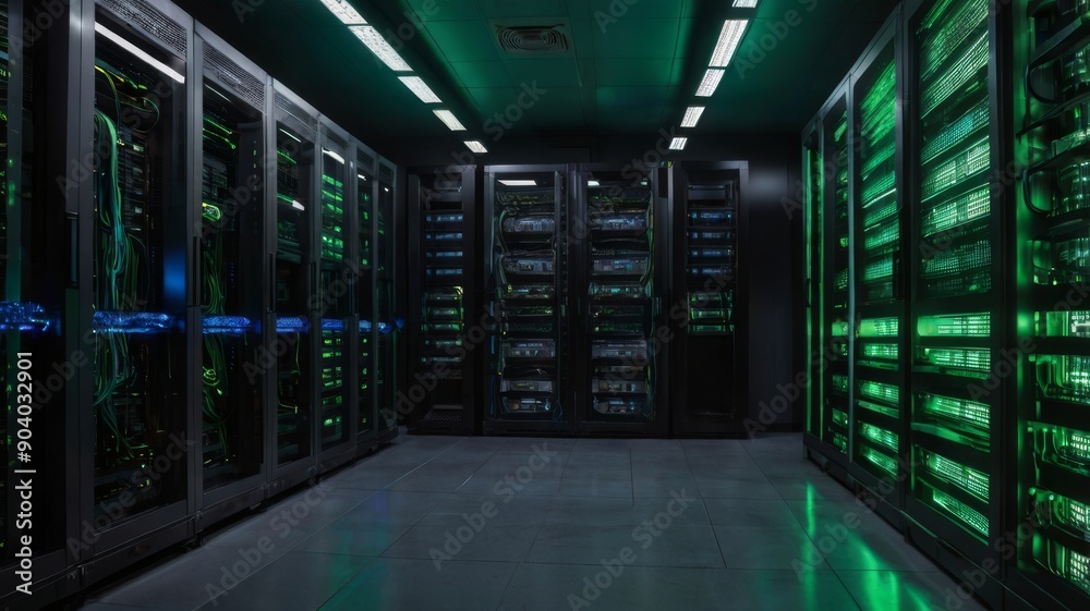 A modern data center filled with high-tech server racks glowing in green and blue lighting, creating a futuristic ambiance. A modern data center filled with high-tech server racks glowing in green and blue lighting, creating a futuristic ambiance.