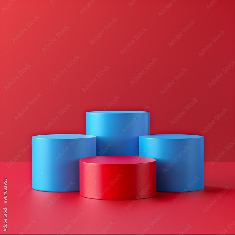 A red background with four blue and red cubes on it. The cubes are stacked on top of each other A red background with four blue and red cubes on it. The cubes are stacked on top of each other