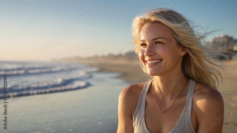 Smiling Caucasian woman in a sleeveless top enjoys a serene beach moment during sunset, radiating happiness and tranquility. Smiling Caucasian woman in a sleeveless top enjoys a serene beach moment during sunset, radiating happiness and tranquility.