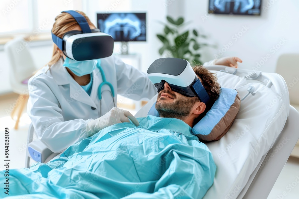 A healthcare professional is using a VR headset to assist a patient in a medical setting, demonstrating the intersection of advanced technology and modern healthcare solutions. A healthcare professional is using a VR headset to assist a patient in a medical setting, demonstrating the intersection of advanced technology and modern healthcare solutions.