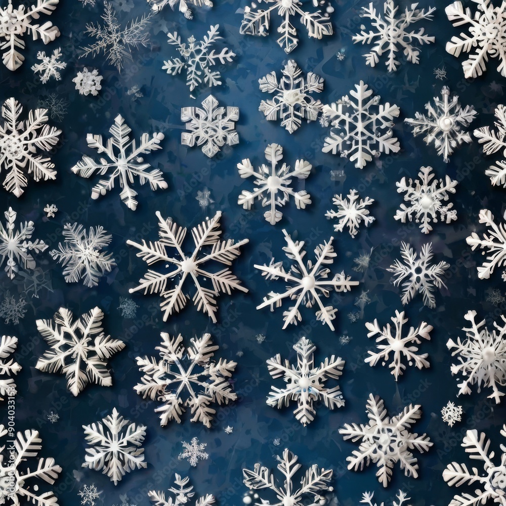 A mesmerizing collection of intricate white snowflakes on a deep blue background, creating a serene winter wonderland effect. A mesmerizing collection of intricate white snowflakes on a deep blue background, creating a serene winter wonderland effect.