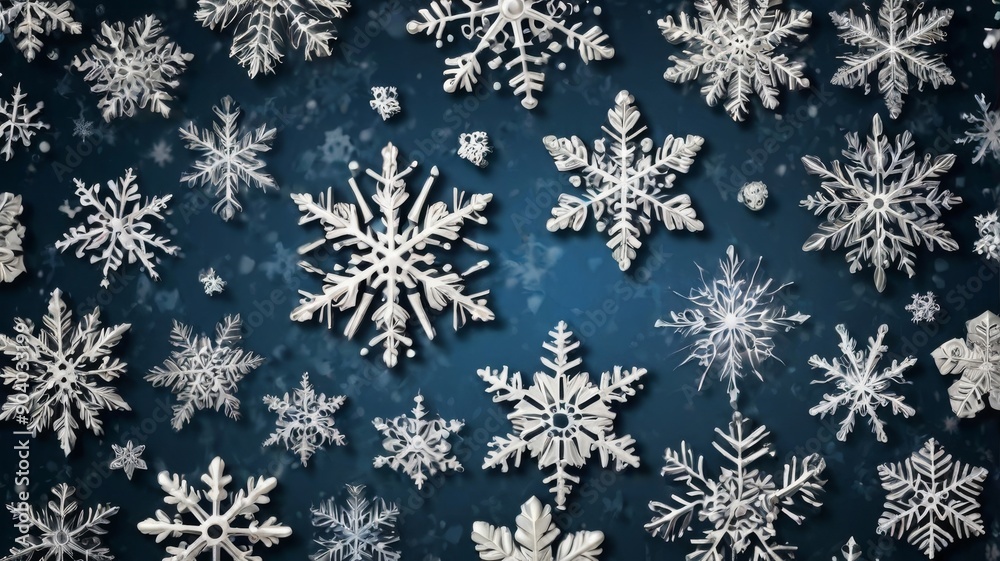 A beautiful assortment of unique white snowflakes on a blue background, creating a serene winter atmosphere. A beautiful assortment of unique white snowflakes on a blue background, creating a serene winter atmosphere.