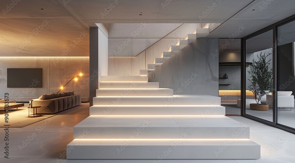Fototapeta premium Modern Minimalist Staircase Design with LED Lights and Concrete Walls, Featuring White Steps Illuminated in the Evening. The Warm Lighting Creates a Luxurious and Elegant Atmosphere.