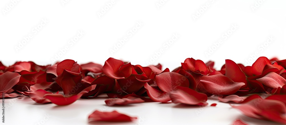 Red rose petals on a white backdrop create a stunning image with copy space perfect for a vibrant romantic wedding card or elegant floral decorations Red rose petals on a white backdrop create a stunning image with copy space perfect for a vibrant romantic wedding card or elegant floral decorations