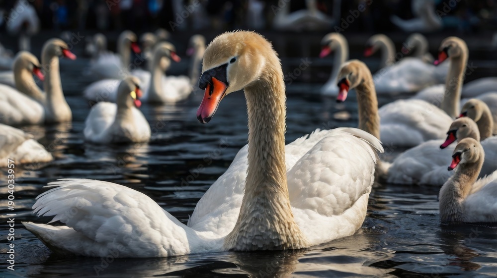 Obraz premium A majestic white swan glides gracefully through a serene waterway, surrounded by multiple swans, creating a tranquil and picturesque scene.