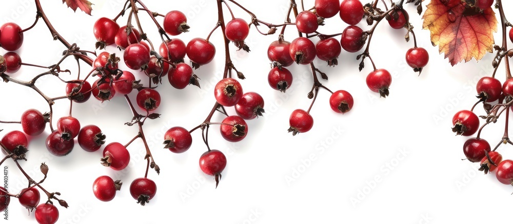 Red ripe hawthorn berries are displayed on branches in a harvest of medicinal plants for treating vitamin deficiency and high blood pressure with a blank space for adding images. Red ripe hawthorn berries are displayed on branches in a harvest of medicinal plants for treating vitamin deficiency and high blood pressure with a blank space for adding images.