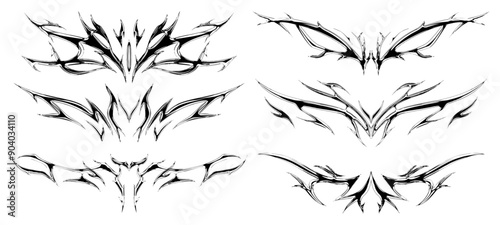Neo tribal chrome set collection. Symmetrical sigilism clip art. Gothic black and white illustration element for fashion clothing, tattoos, poster