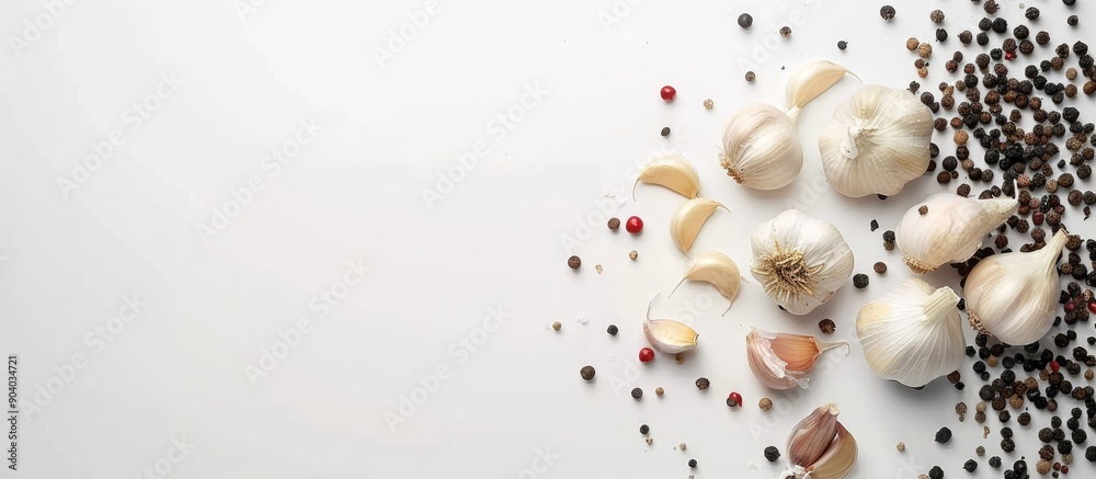 Obraz premium Garlic and pepper arranged on a white background with copy space image