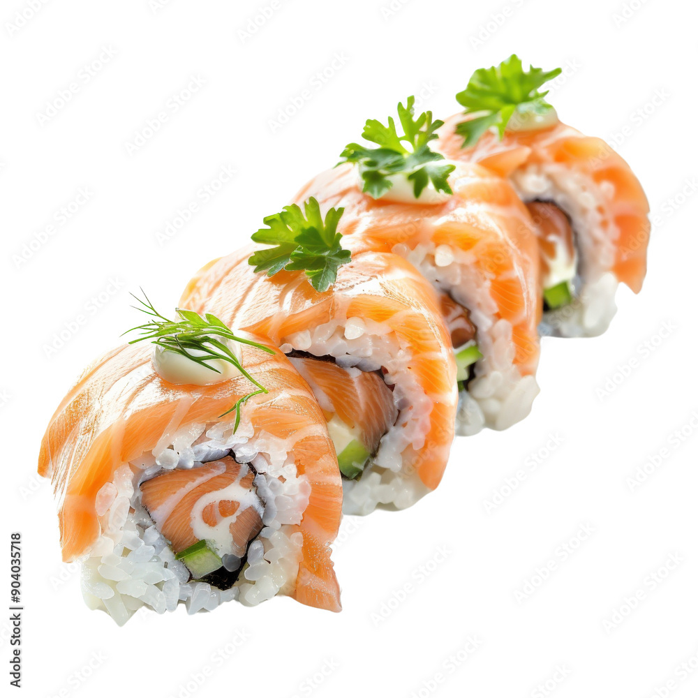 Freshly made salmon sushi rolls garnished with green herbs, showcasing delicious Japanese cuisine in a white background. Freshly made salmon sushi rolls garnished with green herbs, showcasing delicious Japanese cuisine in a white background.