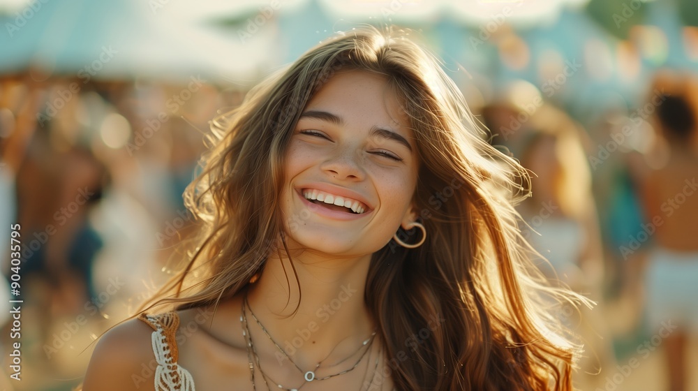 Beautiful woman laughing and dancing at a music festival Beautiful woman laughing and dancing at a music festival