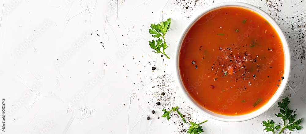 Serving of delicious herb sprinkled soup in a large white dish with copy space image Serving of delicious herb sprinkled soup in a large white dish with copy space image