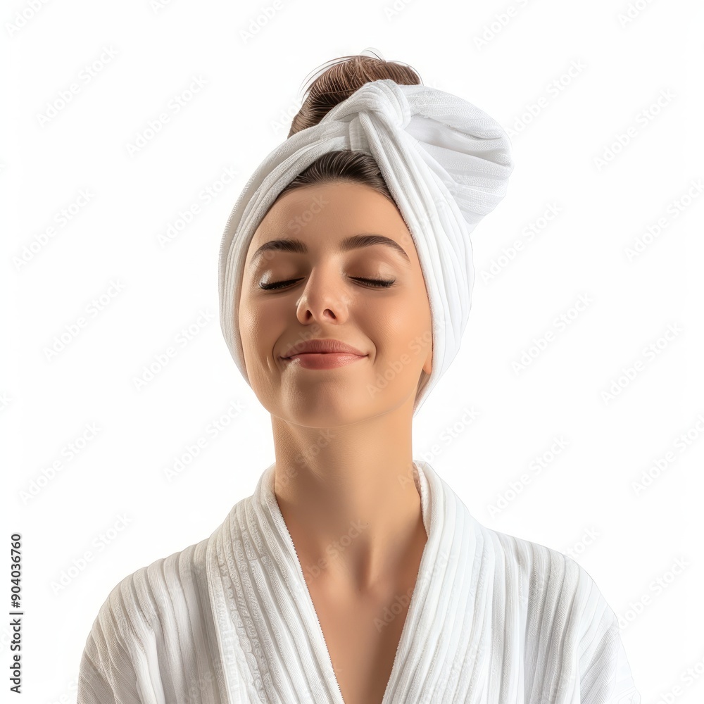 Medium shot of woman in bathroom robe, isolated on a white background, Medium shot of woman in bathroom robe, isolated on a white background,