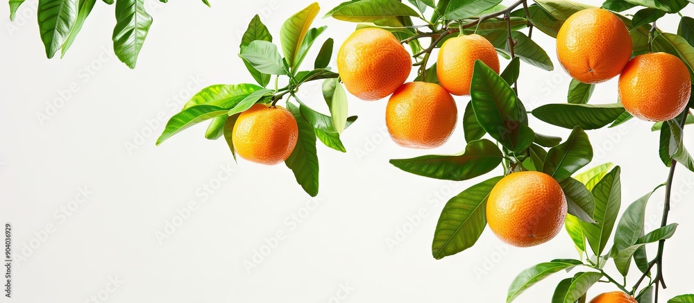 Orange fruit hangs on a tree branch with green leaves against a white backdrop displaying empty space for text or images. . image with copy space Orange fruit hangs on a tree branch with green leaves against a white backdrop displaying empty space for text or images. . image with copy space