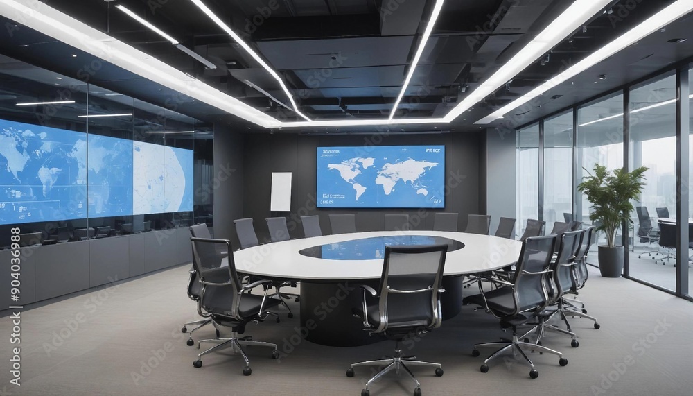 High-tech conference room with a large digital screen and glass walls
High-tech conference room with a large digital screen and glass walls