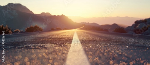 Asphalt highway stretching straight toward mountain backdrop in the serene sunset perfect for a copy space image